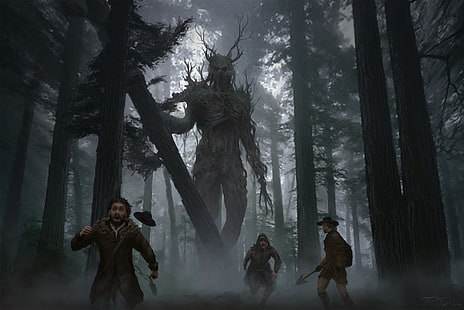 Фантазия, създание, тъмно, гора, гигант, чудовище, дърво, HD тапет HD wallpaper