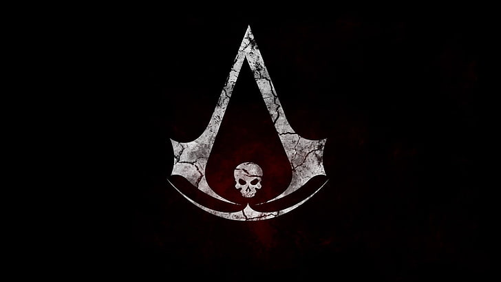 gray and black skull logo, assassin 039 s, black, creed, flag, logo, skull, HD wallpaper