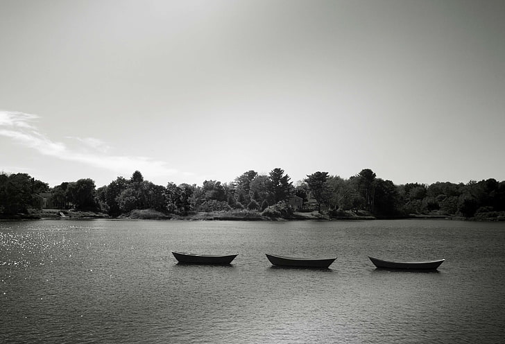 black and white, boats, canoes, lake, rowboats, rowing, three, HD wallpaper