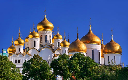 Cupole dorate delle cupole di Cremlino di Mosca delle chiese ortodosse russe 2014, Sfondo HD HD wallpaper