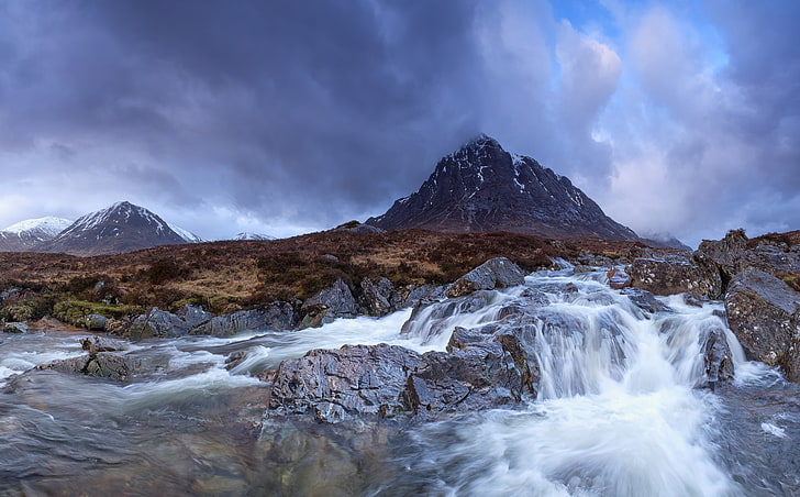 Buachaille Etive Mor Waterfall, Europe, United Kingdom, Nature, Beautiful, Landscape, West, Scenery, River, Waterfall, Mountains, Scotland, Coupall, Peak, Highlands, panorama, Picturesque, unitedkingdom, buachaille, buachailleetivemor, glencoe, Buachaille Etive Mor, HD wallpaper