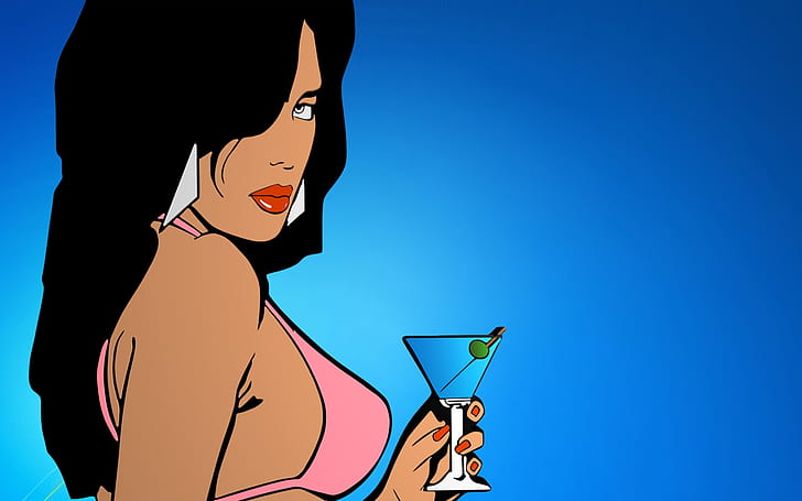 GTA Vice City, ilustração feminina de cabelos pretos, garota, cartaz, ação, armas, jogo, HD papel de parede