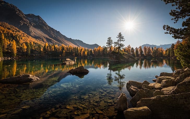autumn, forest, trees, mountains, lake, reflection, stones, Switzerland, Alps, Lago di Saoseo, Poschiavo, Озеро Саосео, Валь-да-Камп, Camp Valley, Saoseo Lake, Val da Camp, HD wallpaper