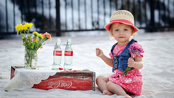 bambini, Coca-Cola, cappello, pois, barattoli, bottiglie, fiori, Sfondo HD