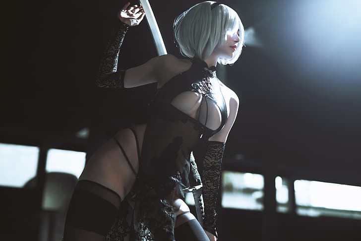 women, model, cosplay, short hair, white hair, weapon, sword, video games, video game girls, video game characters, 2B, 2B (Nier: Automata), Nier: Automata, cleavage, lingerie, black lingerie, black dress, indoors, women indoors, Asian, asian cosplayer, HD wallpaper