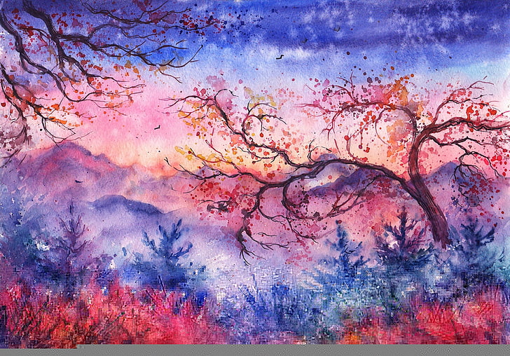 malowanie różowego nagiego drzewa, drzewa, zachód słońca, góry, ptaki, liście, wieczór, akwarela, drzewo, pejzaż malowany, Tapety HD