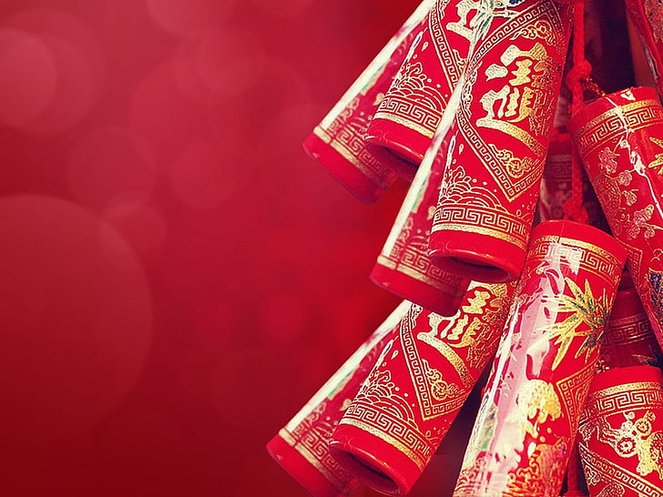 Jour férié, Nouvel An chinois, Gros plan, Feux d'artifice, Rouge, Fond d'écran HD