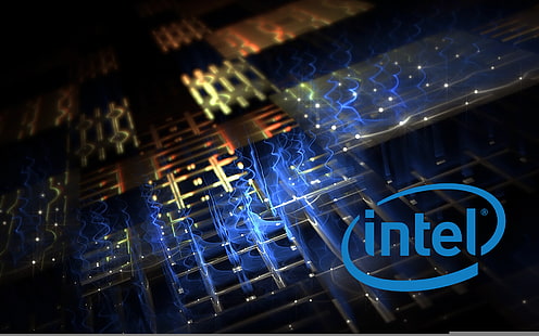черно-синий процессор Intel цифровые обои, кристалл, свет, плата, логотип, Intel, процессор, HD обои HD wallpaper