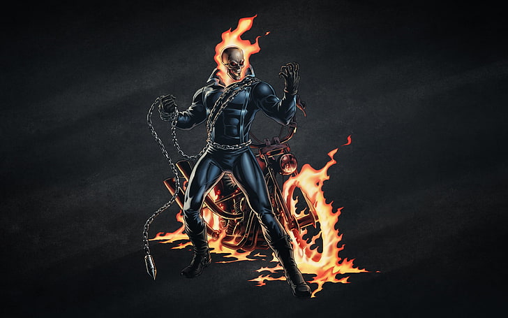 Ghost Rider, the dark background, fire, skull, chain, skeleton, motorcycle, Ghost Rider, bike, HD wallpaper