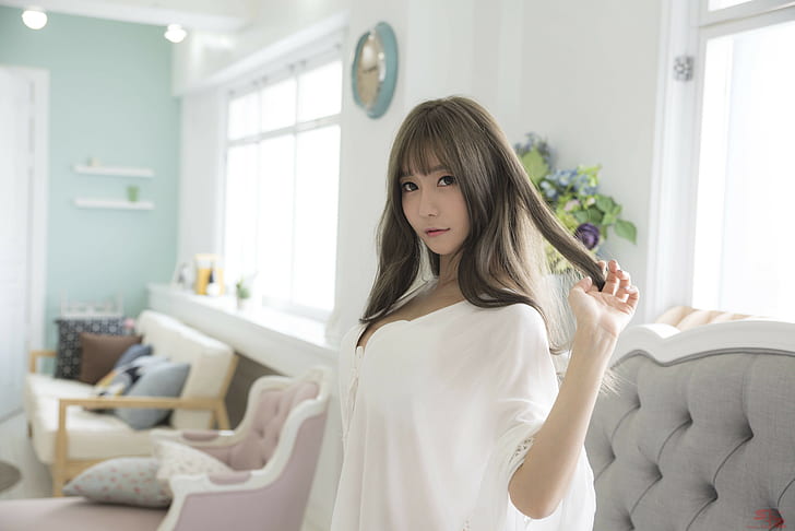 Asiáticas, modelo, mulheres dentro de casa, mulheres, morena, cabelos longos, cabelos ondulados, olhando para o espectador, roupas brancas, Choi Seul GI, HD papel de parede