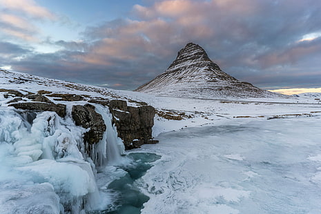 雪山、アイスランド、アイスランド、Grundarfjordur、アイスランド、風景写真、雪山、滝、冬、氷、Kirkjufell、雪、自然、山、風景、風景の風景写真、 HDデスクトップの壁紙 HD wallpaper