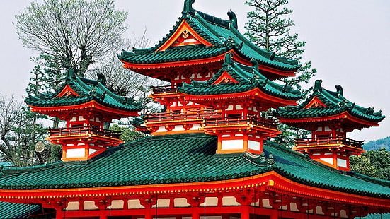 edificio, japón, tejados, arquitectura, santuario heian, Fondo de pantalla HD HD wallpaper