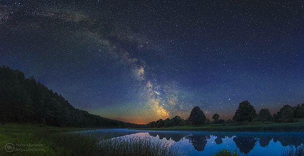 пейзажная фотография гор на фоне туманности, ночь, небо, ночное небо, галактика, млечный путь, космос, HD обои HD wallpaper