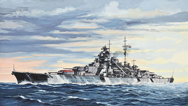 okręt wojenny na zbiorniku malowanie wodne, pancernik, Bismarck (statek), okręt wojenny, pancerniki, malarstwo, statek, grafika, wojsko, Tapety HD