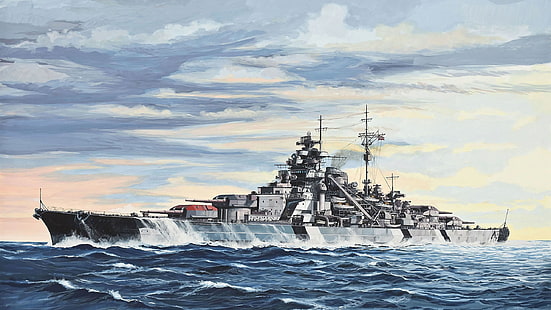 buque de guerra en cuerpo de pintura de agua, acorazado, Bismarck (barco), buque de guerra, acorazados, pintura, barco, obra de arte, militar, Fondo de pantalla HD HD wallpaper