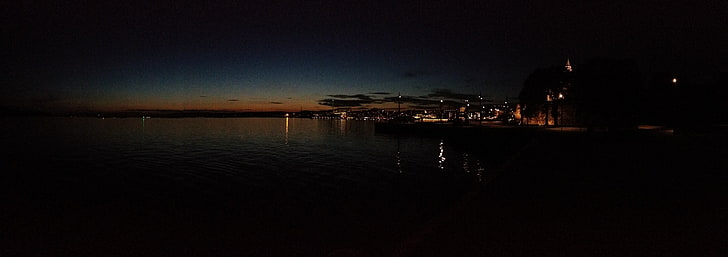 TV layar datar hitam dan abu-abu, Oslo, matahari terbenam, malam, pemandangan kota, Wallpaper HD