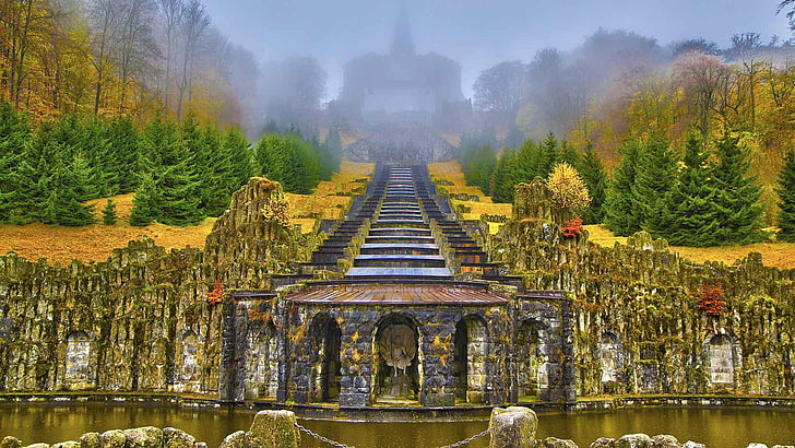 autumn, trees, fog, waterfall, spruce, Germany, cascade, Hesse, Wilhelmshöhe mountain Park, Kassel, HD wallpaper