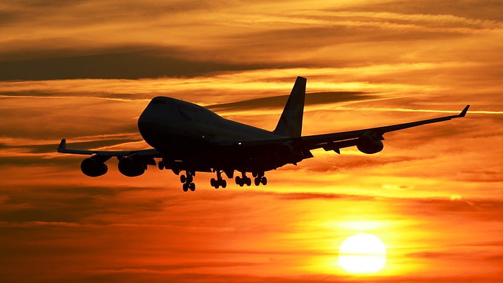 avion, Boeing 747, atterrissage, silhouette, ciel, coucher de soleil, Fond d'écran HD