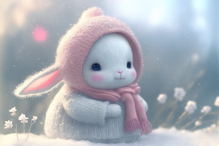 AI art, animals, rabbits, snow, winter, illustration, HD wallpaper