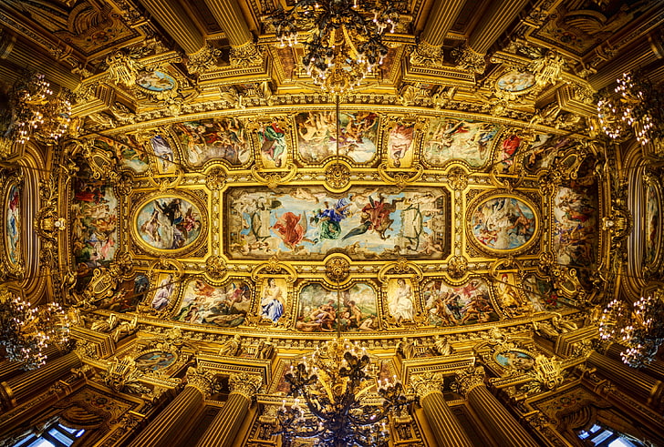 ренессансная роспись потолка, потолок, колонны, опера гарнье, живопись, люстры, великая опера, парижская опера, HD обои