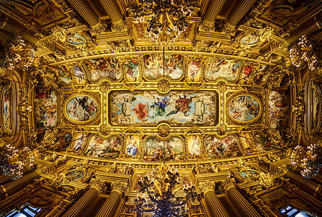 renesansowe malarstwo sufitowe, sufit, kolumny, Opera Garnier, malarstwo, żyrandole, Wielka Opera, Opera Paryska, Tapety HD HD wallpaper