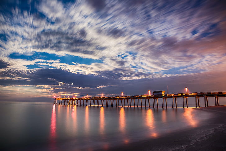 lights turned on on brown wooden dock under white clouds and blue sky during daytime, venice, venice, Venice, Fishing Pier, turned on, on on, dock, white clouds, blue sky, daytime, Water, LongExposure, Outdoors, Florida, sea, sunset, beach, night, dusk, nature, pier, sky, coastline, HD wallpaper