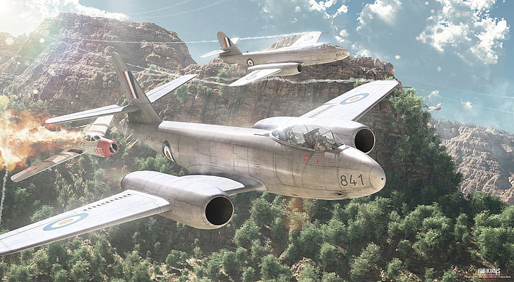 Gloster Vs MiG, ilustracja szarego samolotu, armia, hibikirus, samolot, sztuka, warthunder, mig, mig15, chmura, gloster, meteor, niebo, Tapety HD