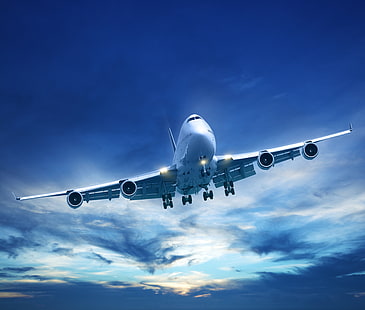 aeroplano bianco, cielo, nuvole, volo, luci, l'aereo, Sfondo HD HD wallpaper