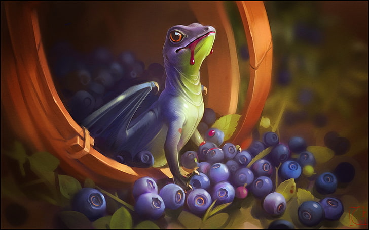 green and purple lizard illustration, berries, fantasy, dragon, art, Alexander Khitrov, GaudiBuendia, HD wallpaper