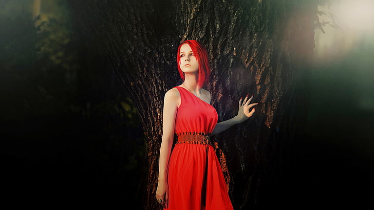 niña, árbol, vestido rojo, cabello rojo, manicura roja, estilo rojo, Fondo de pantalla HD