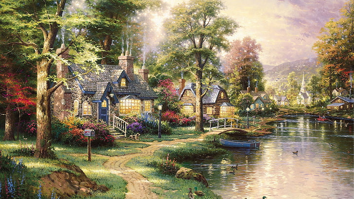 brown and blue houses beside river painting, landscape, lake, boat, duck, picture, houses, painting, the bridge, path, beautiful, art, Thomas Kinkade, Hometown Lake, HD wallpaper