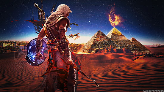 Assassin's Creed тапет, Assassin's Creed, пирамида, видео игри, фен изкуство, Assassin's Creed: Origins, HD тапет HD wallpaper