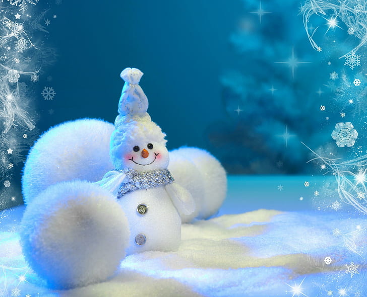 снежен човек, топки, сняг, снежинки, зима, нова година, Коледа, декор на бял снежен човек, снежен човек, топки, сняг, снежинки, зима, нова година, Коледа, HD тапет