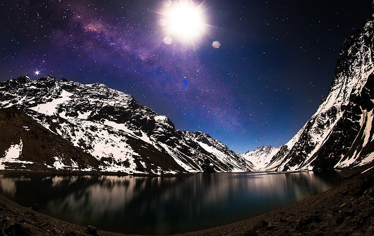자연, 경치, 호수, 산들, 눈, 은하수, 은하, 달, 별이 빛나는 밤, 겨울, 월광, 칠레, 긴 노출, HD 배경 화면