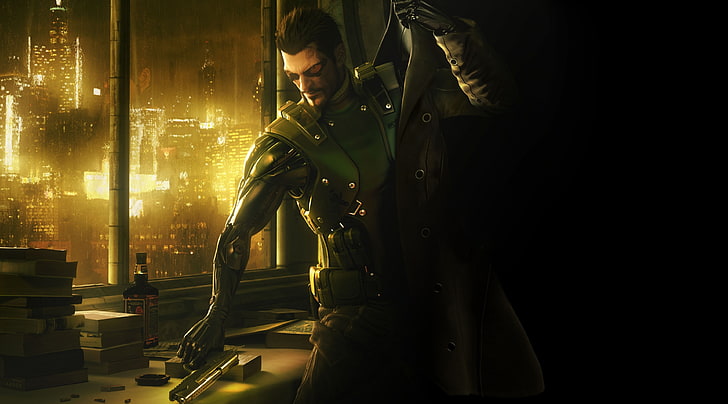 Deus Ex Human Revolution Videospiel HD Wallpaper, schwarzhaariger Mann im Mantel mit Pistole Wallpaper, Spiele, Deus Ex, Videospiel, menschliche Revolution, HD-Hintergrundbild