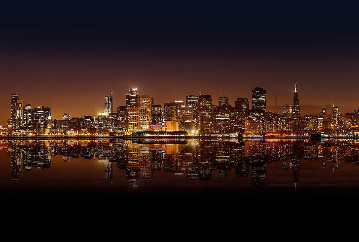 夜、都市、ライト、都市景観、水、夜、サンフランシスコの間に水域に反映される街の明かり、 HDデスクトップの壁紙