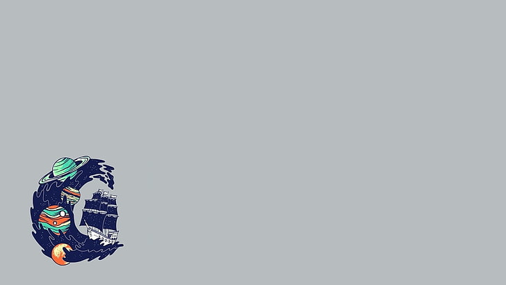 niebiesko-biała ilustracja statku galeonu, minimalizm, żaglowiec, planeta, Tapety HD