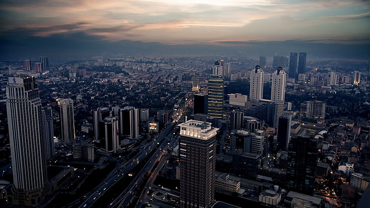 bird's eye view of buildings, city, night, top view, skyscrapers, metropolis, HD wallpaper