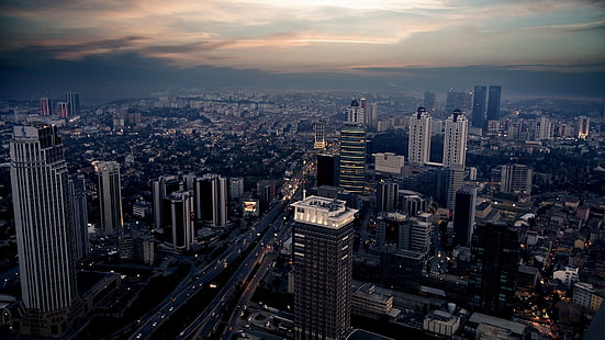 bird's eye view of buildings, city, night, top view, skyscrapers, metropolis, HD wallpaper HD wallpaper