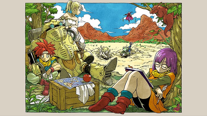 Chrono Trigger, Chrono, Lucca, Marle, frog, Frog (Chrono Trigger), Magus (Chrono Trigger), Ayla, apples, digging, Super Nintendo, mountains, lizards, robot, Robo (Chrono Trigger), ponytail, purple hair, blonde, blue eyes, choker, trees, cleaning, Spiky Hair, redhead, Akira Toriyama, bracelets, armlet, map, boots, thighs, thighs together, red boots, short shorts, black shorts, quills, ink quill, glasses, sleeping, long sleeves, notebooks, shoulder length hair, bangs, blunt bangs, leaves, tail, bald, floating, flying, cape, blue gloves, scythe, pointy ears, bare shoulders, sandals, box, Nintendo, retro games, clouds, looking away, headband, green eyes, scarf, video game girls, HD wallpaper