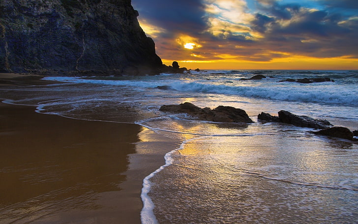 coast, nature, waves, beach, cliff, rock, sunset, landscape, sea, HD wallpaper