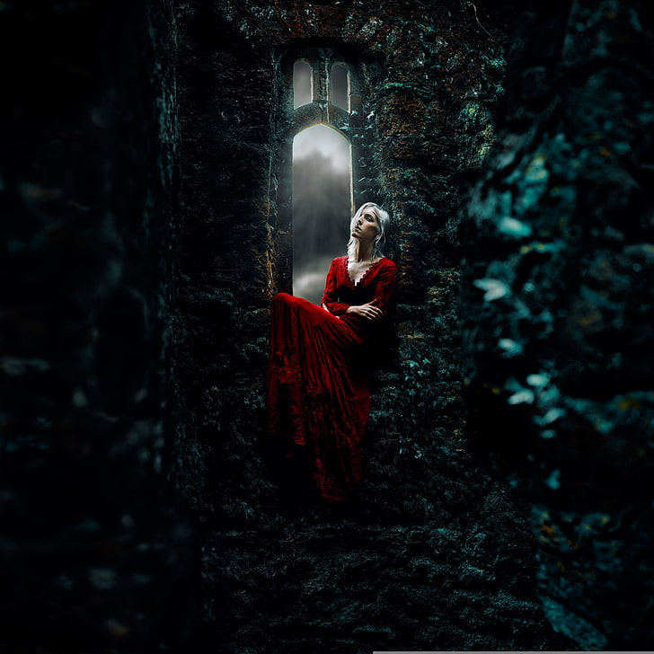 girl, castle, red dress, medieval, Kindra Nikole, HD wallpaper