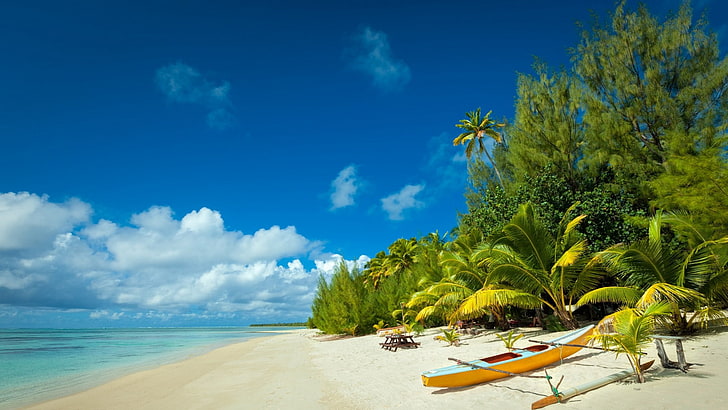 brązowo-niebieska deska, plaża, wyspa, natura, tropikalny, biały, piasek, palmy, łódź, krajobraz, morze, lato, chmury, wakacje, Tapety HD