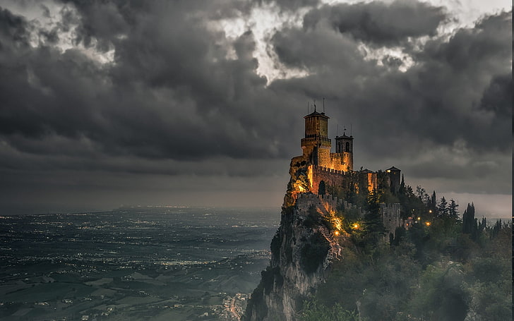 castle, clouds, landscape, Lights, mist, mountain, San Marino, Shrubs, sky, Valley, HD wallpaper