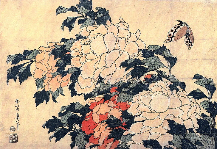 Hokusai, encre, œuvres d'art, plantes, Fond d'écran HD