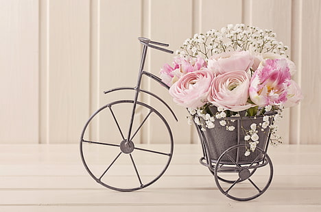 kompozycja kwiatowa różowego Jaskier, rower, bukiet, tulipany, kompozycja, Jaskier, Tapety HD HD wallpaper