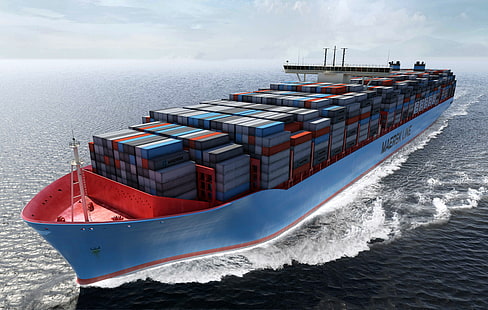 nave da carico blu, acqua, mare, tavola, custodia, la nave, grafica, una nave portacontainer, serbatoio, in movimento, carico, container, Maersk, Sfondo HD HD wallpaper