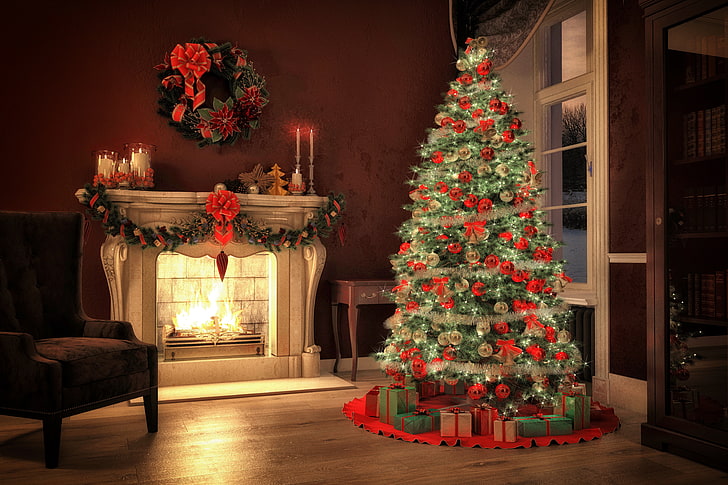 크리스마스 트리와 빨간 값싼 물건 많은, 장식, 장난감, 나무, 새해, 크리스마스, 선물, 벽난로, 디자인, 메리 크리스마스, 크리스마스, 인테리어, 집, 크리스마스 트리, 휴일 축하, HD 배경 화면