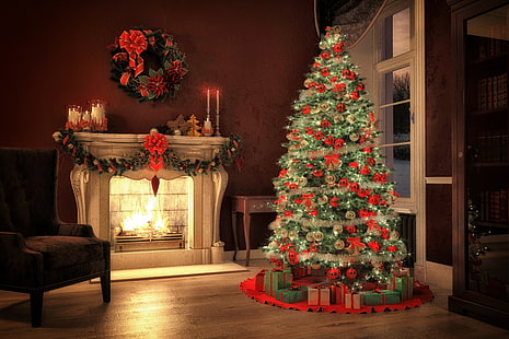Lote de árvore de Natal e bugiganga vermelha, decoração, brinquedos, árvore, Ano Novo, Natal, presentes, lareira, design, Feliz Natal, Natal, interior, casa, árvore de Natal, celebração do feriado, HD papel de parede HD wallpaper