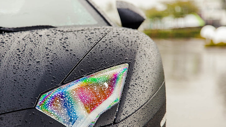 schwarzes Auto, Lamborghini, Auto, nass, Regenbogen, HD-Hintergrundbild